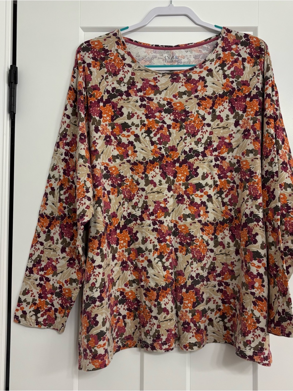 croft & barrow Beige Floral Long-Sleeve Tee with Orange & Burgundy Accents
